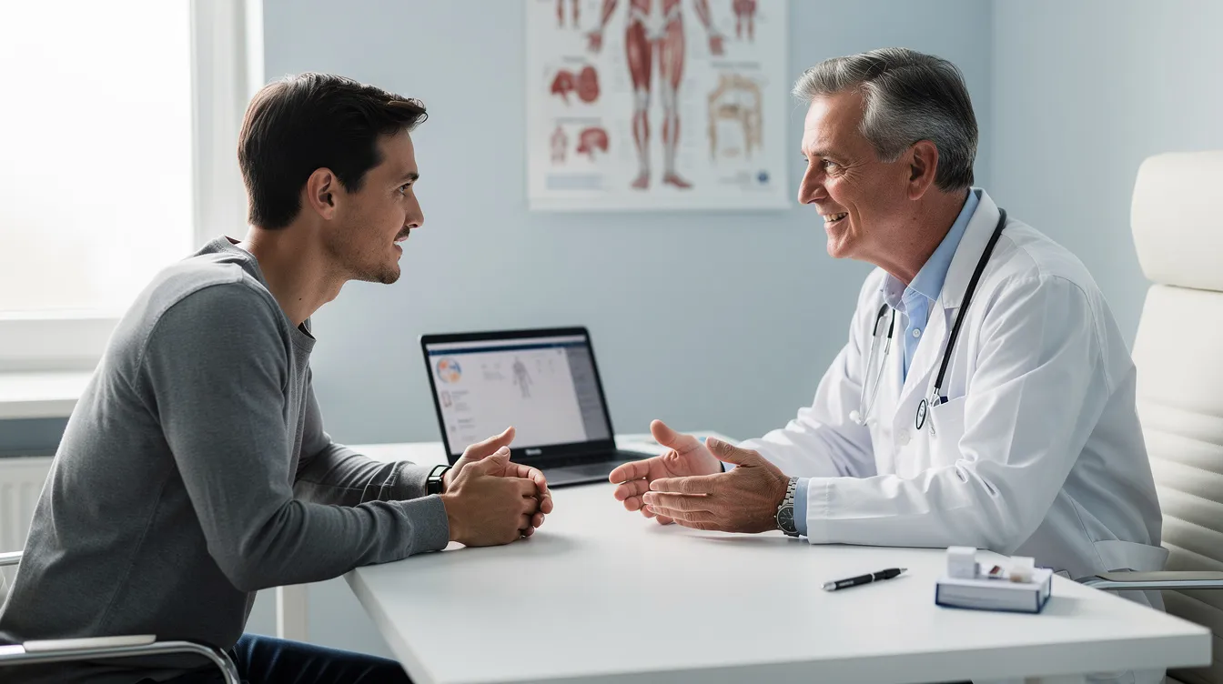 The image shows a patient sitting across from a doctor at a desk, both engaged in a discussion about surgical procedures, likely involving options such as a tummy tuck or panniculectomy to remove excess skin and improve the abdomen's appearance. The doctor appears to be explaining the differences between these cosmetic procedures and what patients can expect during recovery.