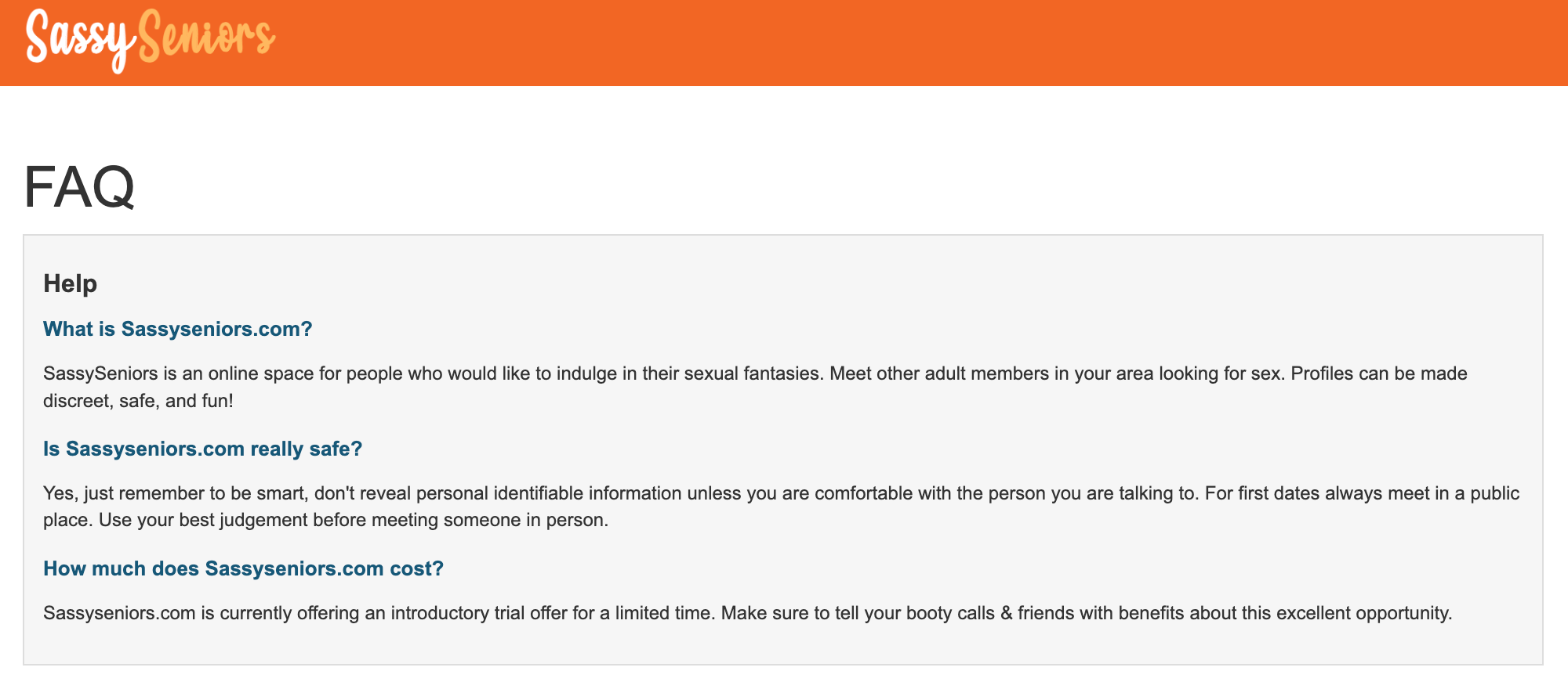 SassySeniors FAQ page