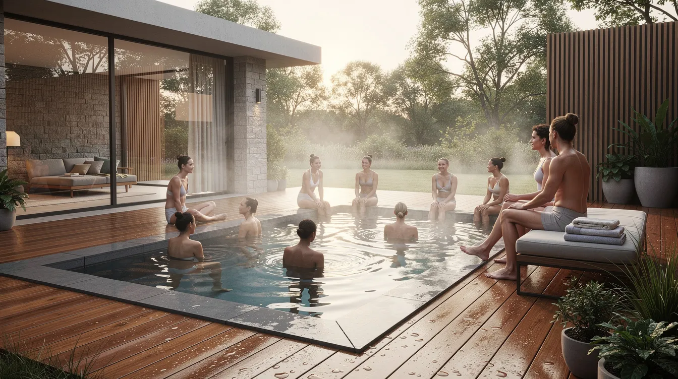 The image depicts a group of people enjoying an outdoor cold plunge tub at a modern spa, situated on a wooden deck. This cold plunge area is designed for cold water immersion, offering health benefits and promoting recovery through cold therapy.