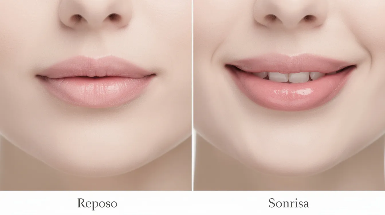 Imagen que muestra una comparación lado a lado de labios femeninos en reposo y al sonreír, destacando la diferencia sutil de volumen lograda a través de un tratamiento de relleno de labios con ácido hialurónico. A la izquierda, los labios lucen más delgados y en reposo, mientras que a la derecha, al sonreír, se aprecian más voluminosos y con un aspecto natural.