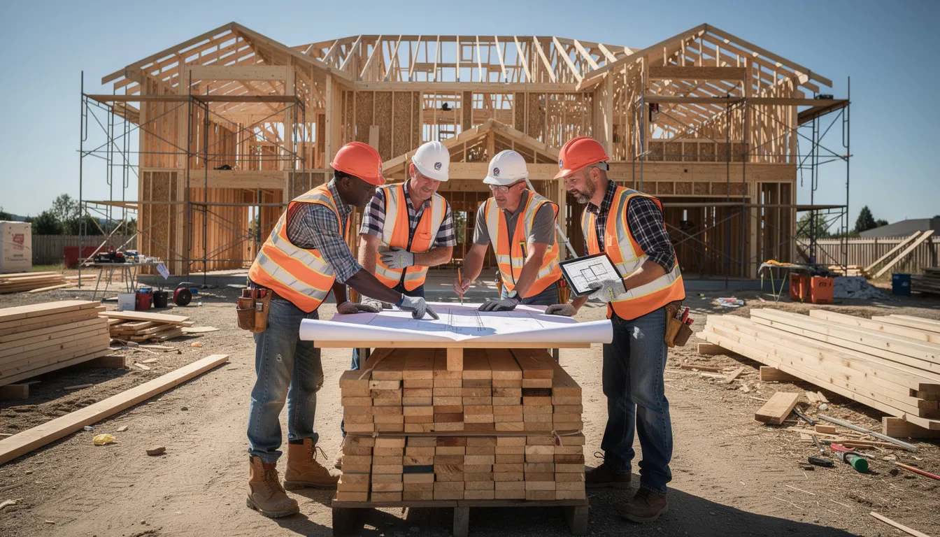 A group of construction workers is gathered at a residential building site, intently reviewing architectural plans for a new build. They are discussing crucial details to ensure a clear understanding of the project, reflecting their extensive experience as licensed building practitioners and local builders in the Bay of Plenty.
