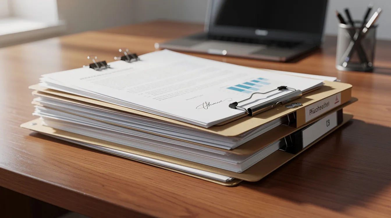 a07ac511 3e8e 4efa ab34 184f076bda86 The image features a neatly arranged stack of official documents and files on a wooden desk, symbolizing the organized nature of mudra loan applications and the importance of maintaining a clear business plan for small and micro businesses. The documents likely include essential paperwork such as credit history, bank statements, and business registration, which are crucial for loan approval processes.