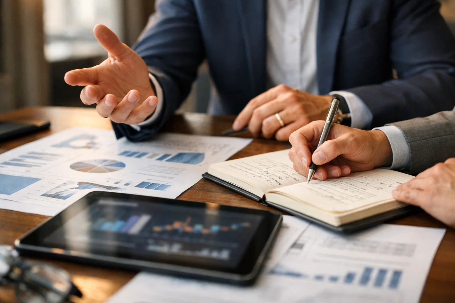 Accountant explaining business advisory services to a small business owner in a modern office.