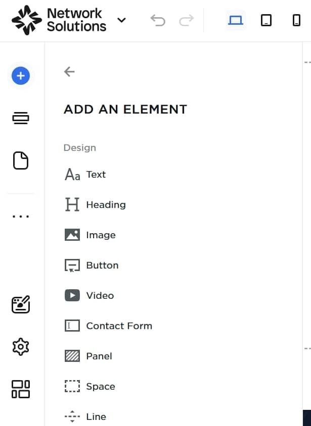 Network Solutions Add an Element panel with core design tools