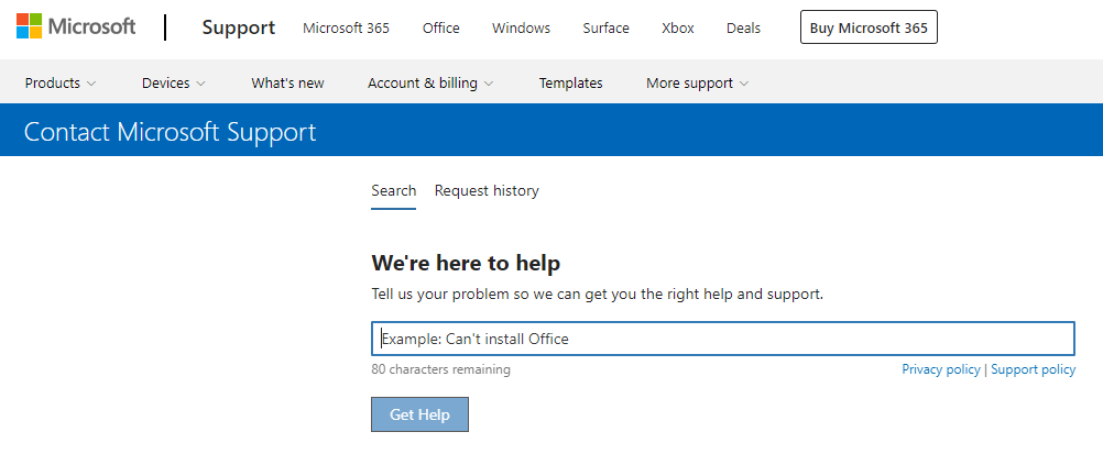 microsoft support page