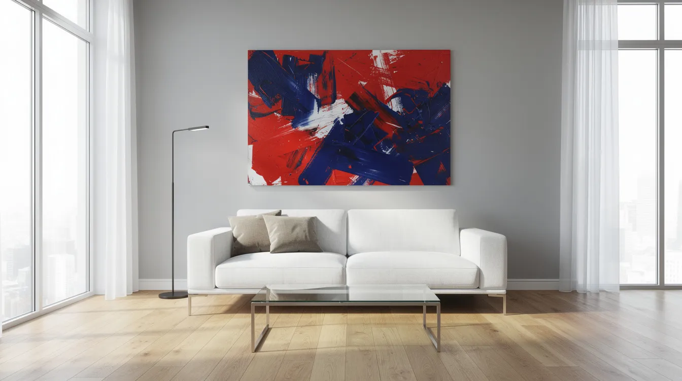 Das Bild zeigt ein modernes Wohnzimmer mit einem eleganten weißen Sofa und einem großen, farbenfrohen Pop Art Gemälde an der Wand, das in kräftigen Rot- und Blautönen leuchtet. Das Kunstwerk spiegelt die Merkmale der Pop Art Bewegung wider und bringt eine lebendige Atmosphäre in den Raum.