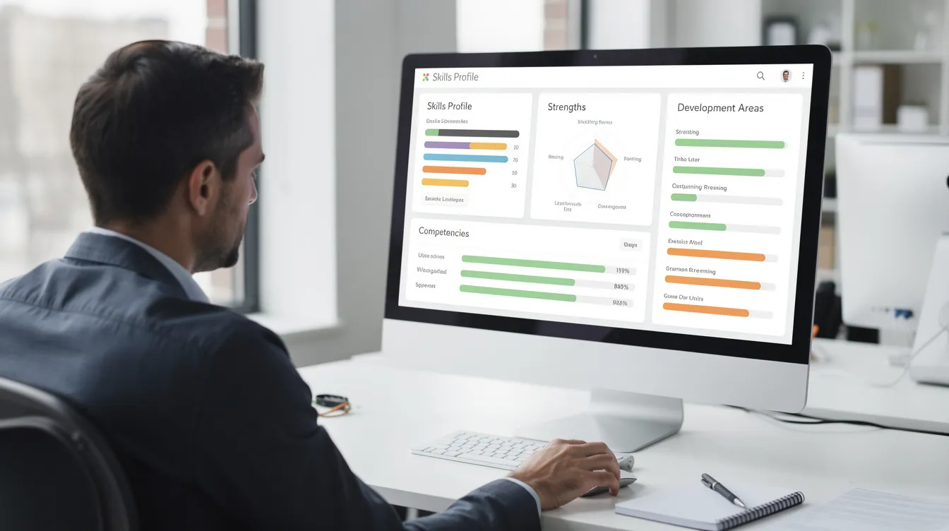 A professional is intently reviewing a skills profile dashboard on a monitor, which displays various strengths and gaps related to cyber security skills. This assessment helps identify areas for improvement in network security, incident response, and ethical hacking, aiding in the hiring process for cybersecurity professionals.