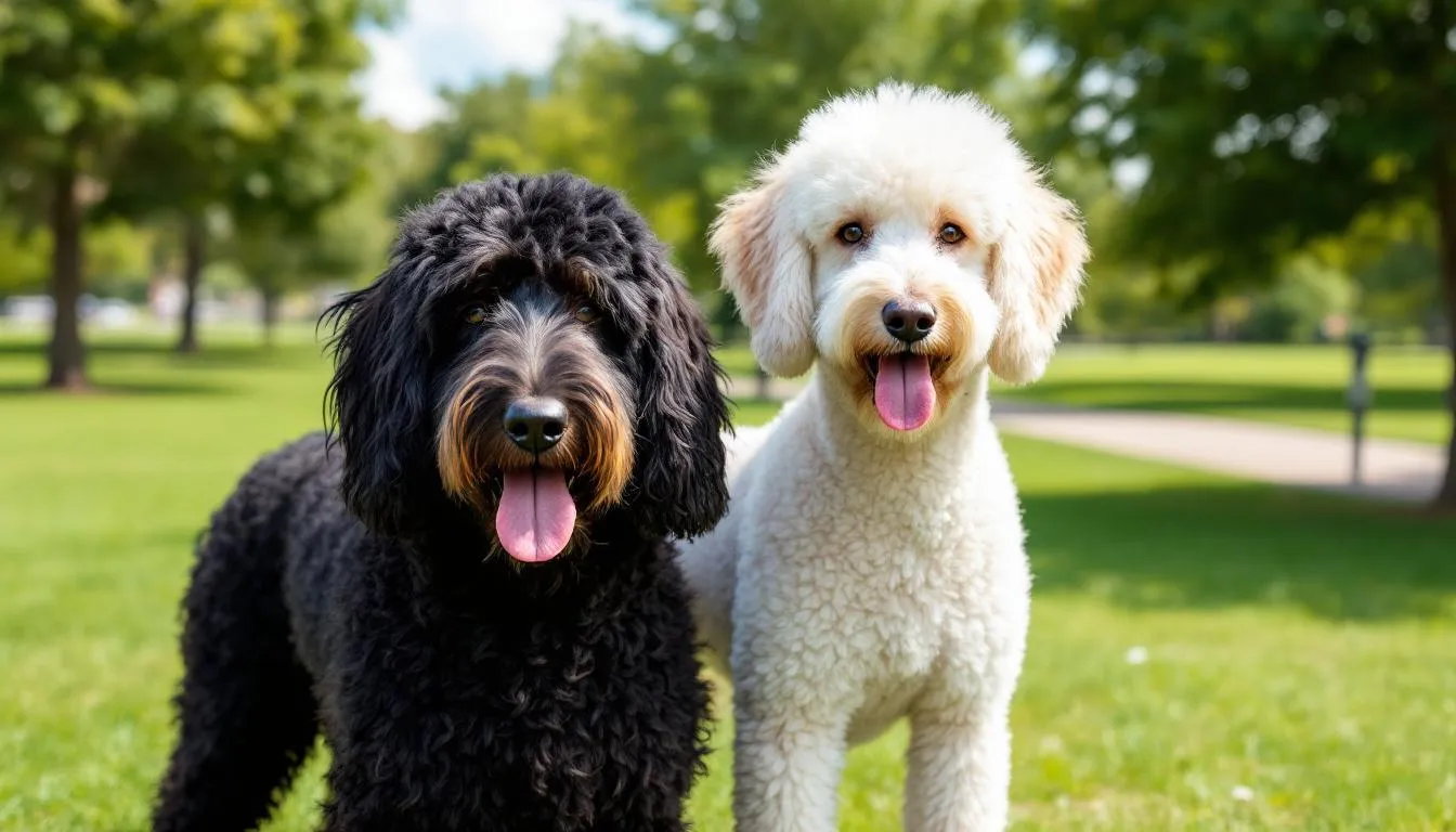 In the image, a Standard Poodle and a Portuguese Water Dog stand side by side in a lush green park, showcasing their unique fur textures and friendly demeanor. Both dogs appear healthy and alert, representing the vitality of canines, while also reminding viewers of the importance of understanding conditions like Addison