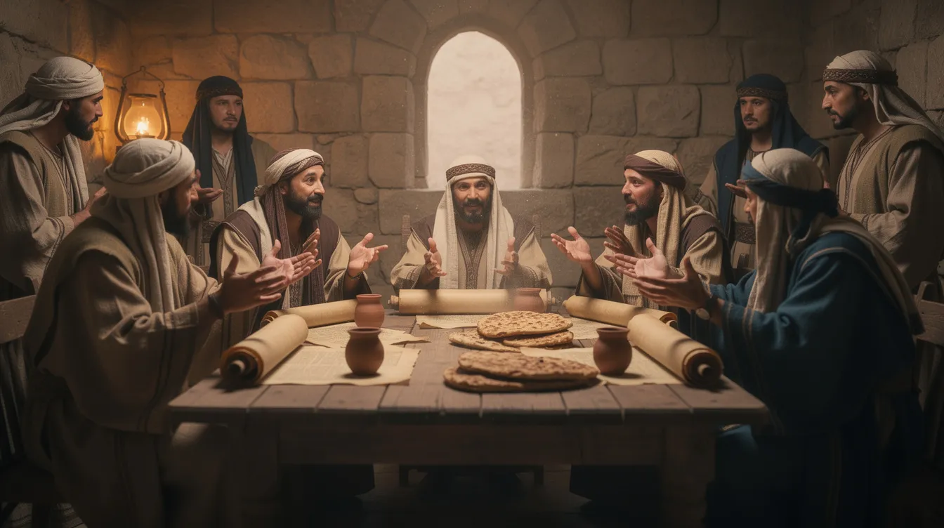 A group of people dressed in ancient Middle Eastern clothing is engaged in a lively discussion around a table filled with scrolls and bread, reflecting the everyday life of the Jewish population during Jesus' time. This scene captures the essence of Jewish religious life and the interactions between the Pharisees and other Jewish sects, as they debated interpretations of God's law and ritual purity.