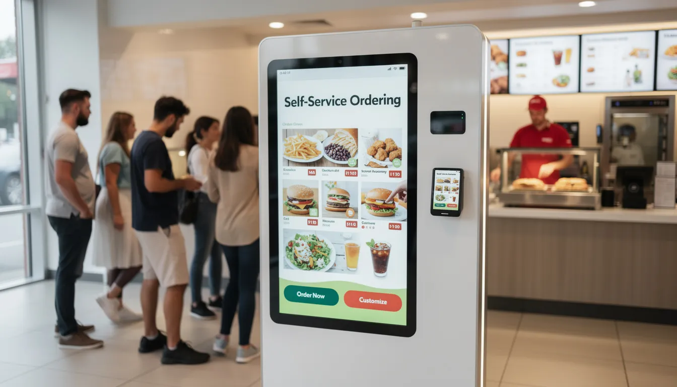 The image depicts a self-service ordering kiosk in a quick-service restaurant, designed to streamline operations and enhance customer satisfaction. The kiosk allows customers to efficiently manage their orders and payments, integrating seamlessly with the restaurant's point of sale system for real-time tracking of sales and inventory.