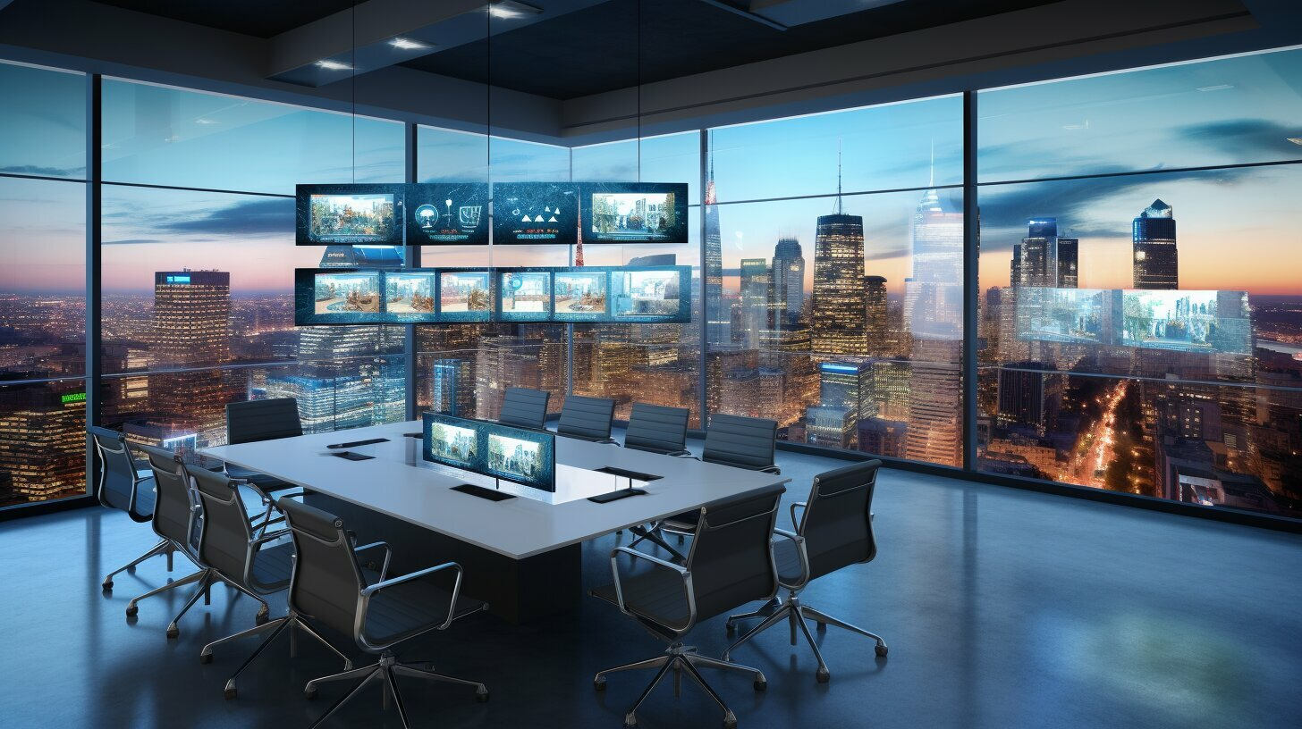 Futuristic office with video conferencing capabilities