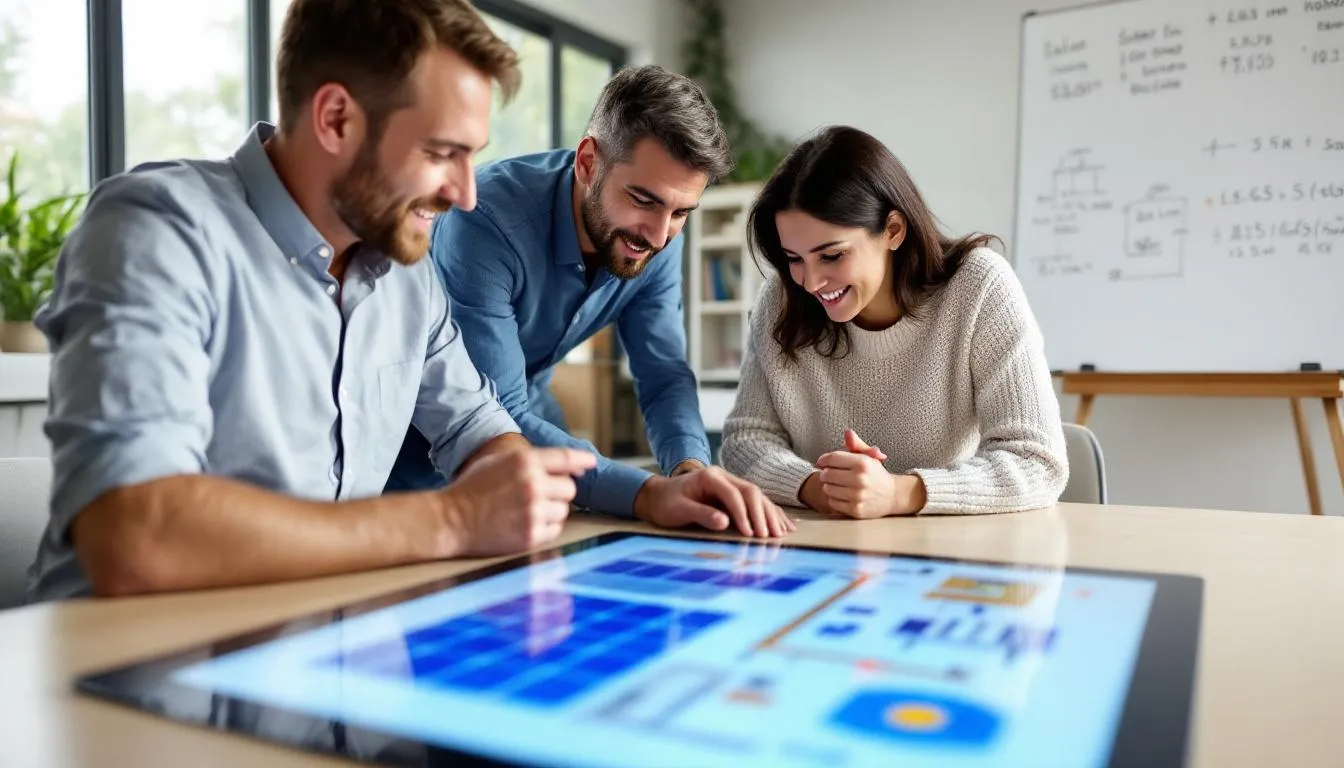 Une réunion de consultation se déroule entre des experts en énergie solaire et des propriétaires de maison, où ils discutent de projets d'installation de panneaux solaires. L'ambiance est collaborative, mettant en avant les solutions d'énergies renouvelables pour améliorer l'autonomie énergétique dans la région du Bas Saint Laurent.