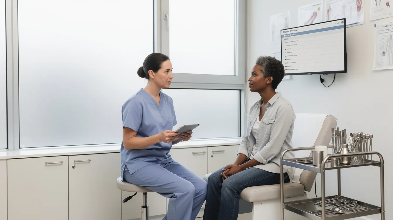 A medical professional is consulting with a patient in a clean, modern treatment room, discussing options for lip enhancement through lip filler injections. The atmosphere is calm and professional, emphasizing the importance of realistic expectations and aftercare tips for achieving fuller, naturally shaped lips.