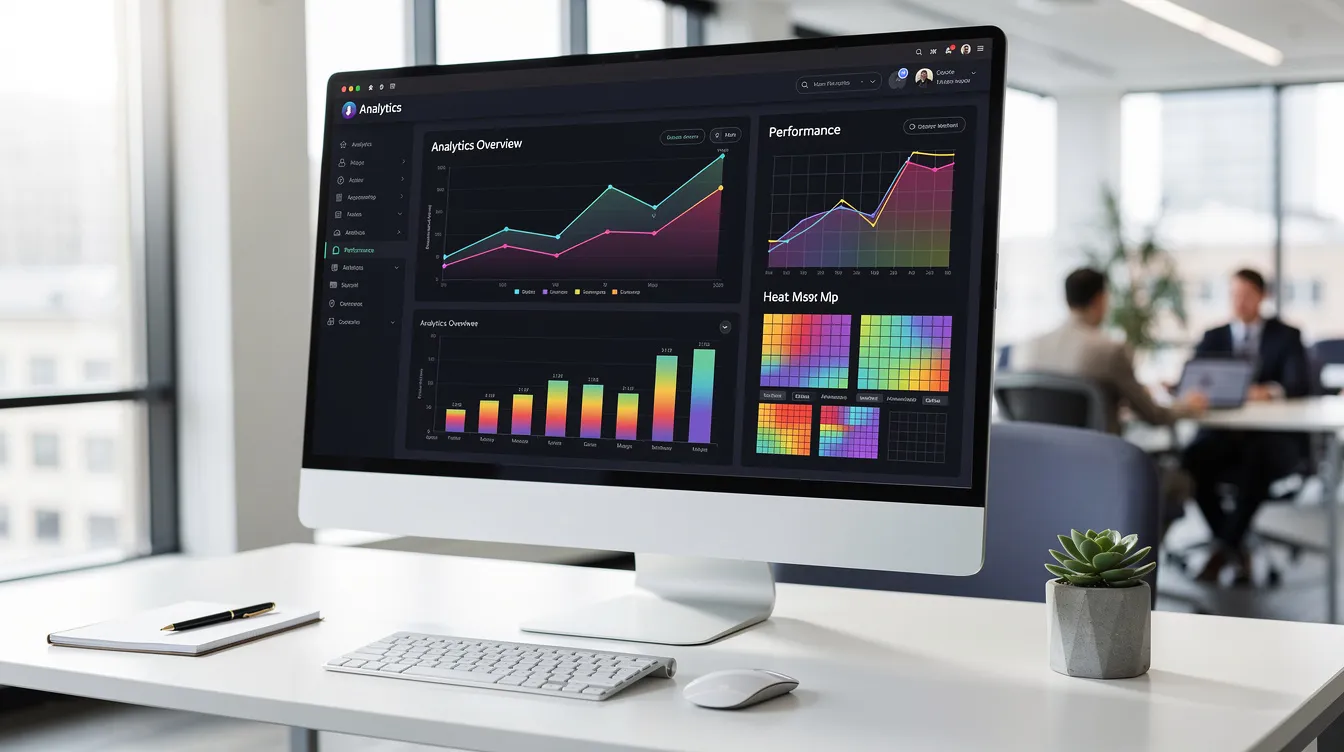 13 The image depicts a modern digital dashboard displayed on a computer monitor in an office setting, showcasing various charts and heat maps that visualize data for effective risk management. This dashboard aids in risk analysis and monitoring, helping organizations identify potential risks and implement mitigation strategies.