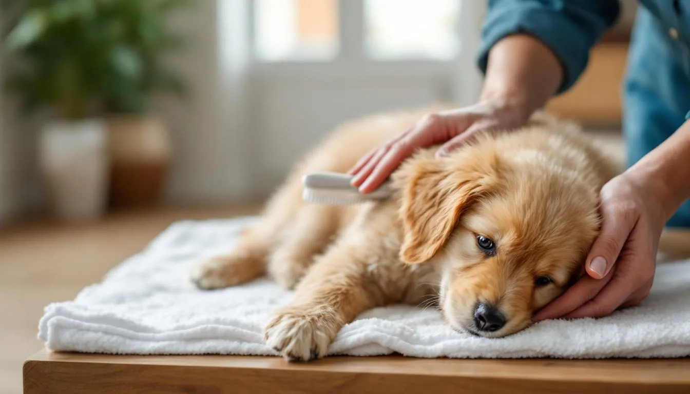 A miniature goldendoodle is being gently groomed with a brush, showcasing its soft, hypoallergenic coat. The affectionate dog appears calm and relaxed during the grooming process, highlighting the importance of regular care for this intelligent breed.