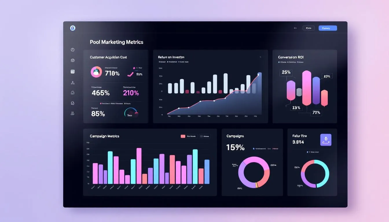 An analytics dashboard displays various pool marketing metrics and ROI graphs, highlighting the performance of pool service companies and their digital marketing strategies. The visual data illustrates trends in lead generation and online visibility, essential for pool builders and swimming pool companies aiming for measurable growth in the pool industry.