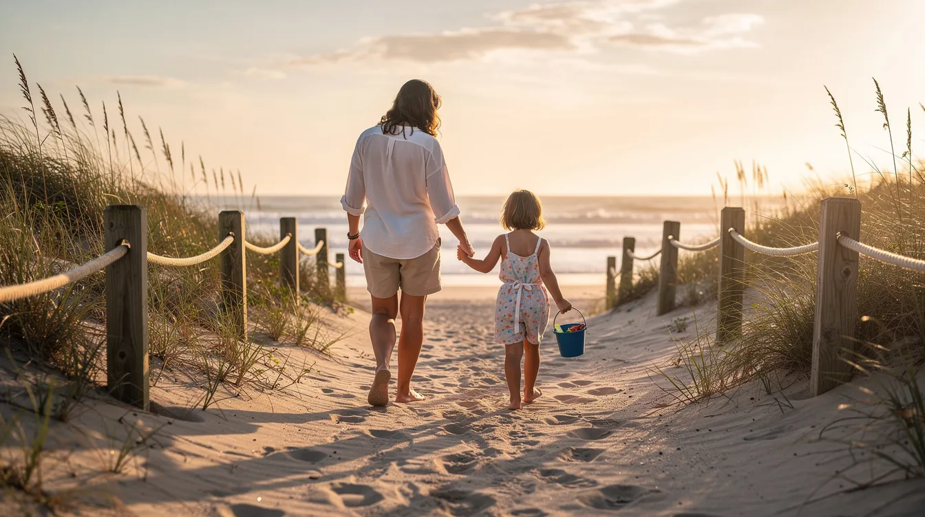 A parent and child are walking hand-in-hand along a sandy beach path, surrounded by gentle waves and a serene atmosphere. This image symbolizes the importance of family support and connection, especially when navigating the challenges of mental health issues and the impact they can have on relationships.