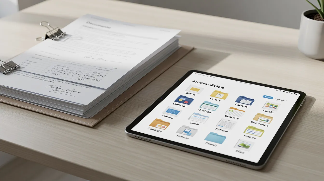 L'immagine mostra un tablet che visualizza un archivio digitale ordinato, posizionato accanto a documenti cartacei. Questo strumento è utile per la gestione e la valutazione dei fornitori, garantendo la conformità e la qualità nelle forniture.