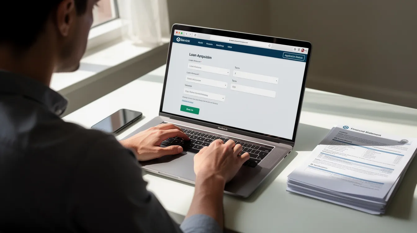 A person is seated at a desk, focused on completing an online loan application on their laptop, surrounded by documents like income proof and a bank statement. This scene reflects the process of applying for a personal loan through a web platform, highlighting details such as the actual annual percentage rate (APR) and the importance of credit evaluation.