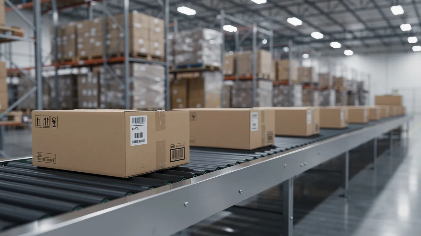 The image shows cardboard boxes moving along a conveyor belt in a warehouse, illustrating the fulfillment process essential for a successful dropshipping business. This automated operation highlights the importance of reliable shipping and efficient inventory management in the ecommerce business model.