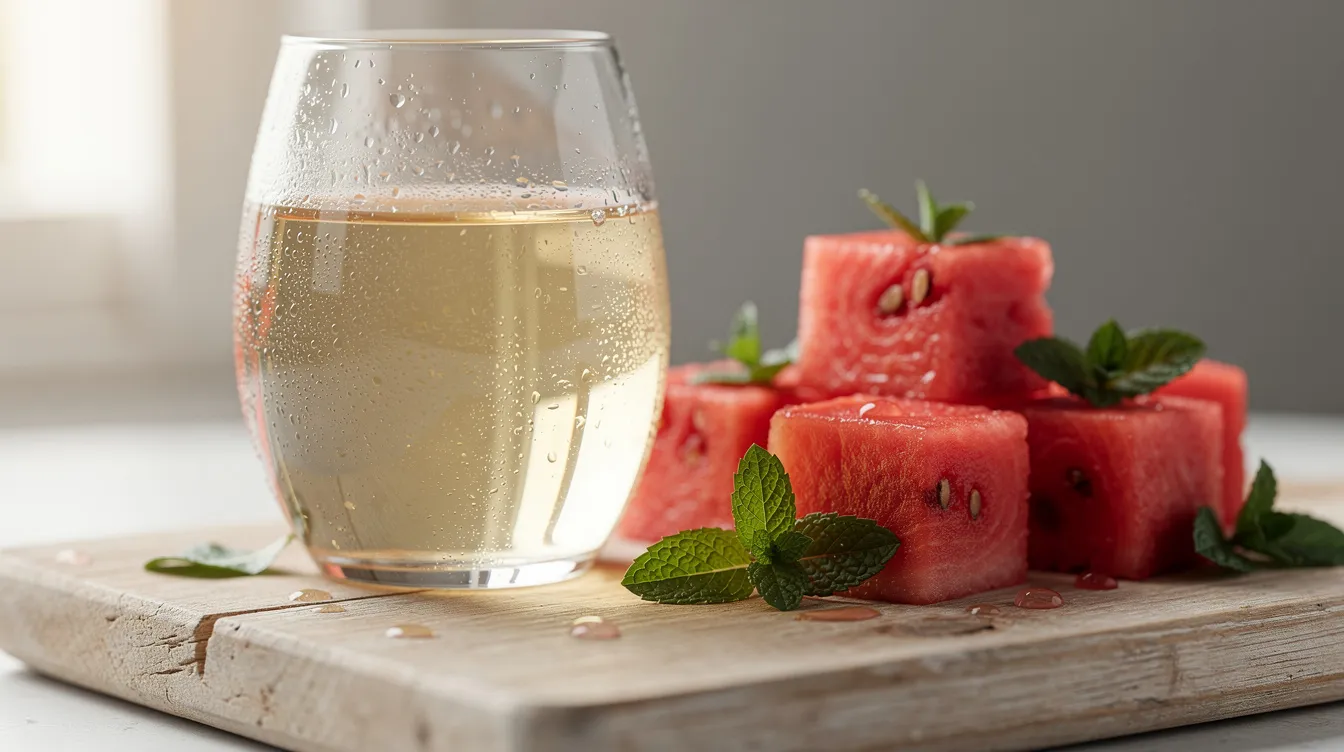 A chilled glass of pale wine sits beside a wooden cutting board adorned with vibrant red watermelon cubes and fresh mint leaves, creating a refreshing summer scene perfect for wine pairings. The bright colors and aromas suggest a delicious combination, ideal for enjoying the fruity flavors of watermelon feta salad.