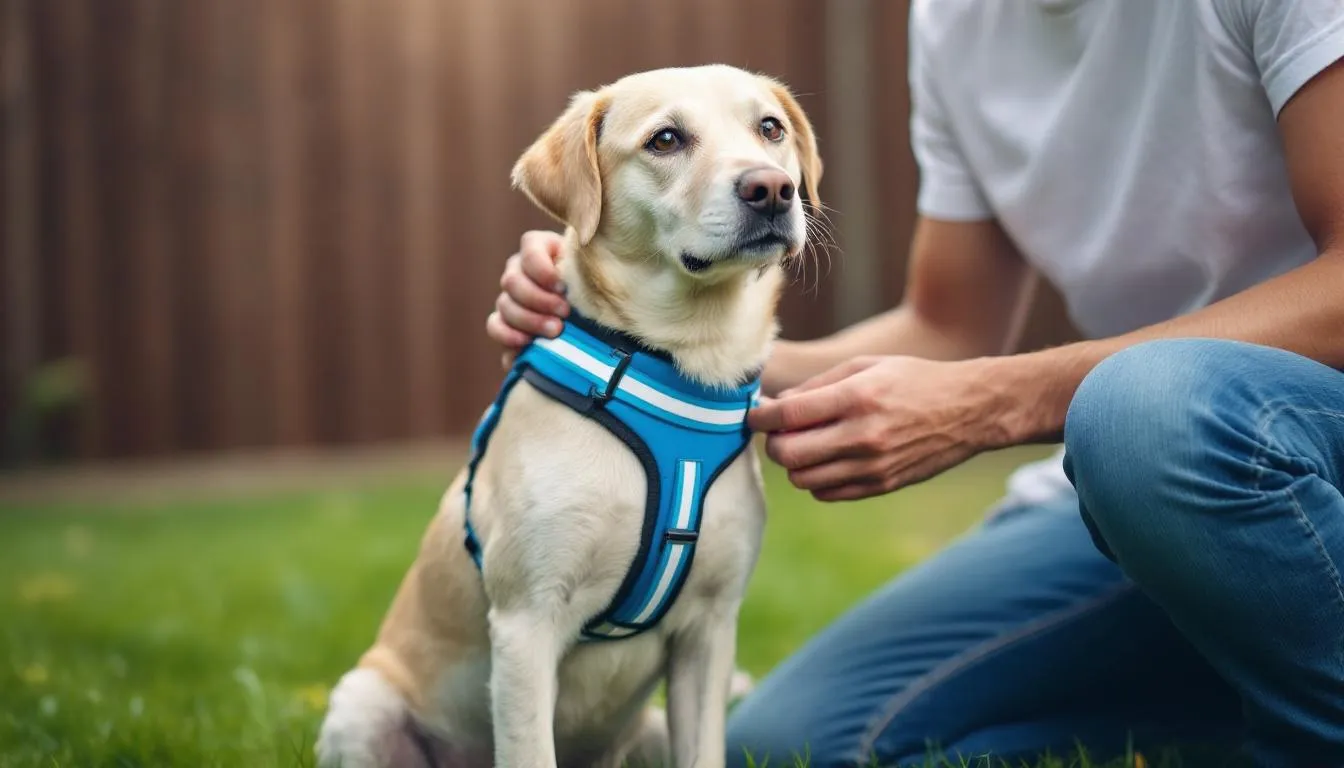 A dog owner is carefully adjusting a harness on their pet, ensuring a proper fit by using their fingers to check for tightness and comfort, which helps prevent chafing and skin irritation on the dog