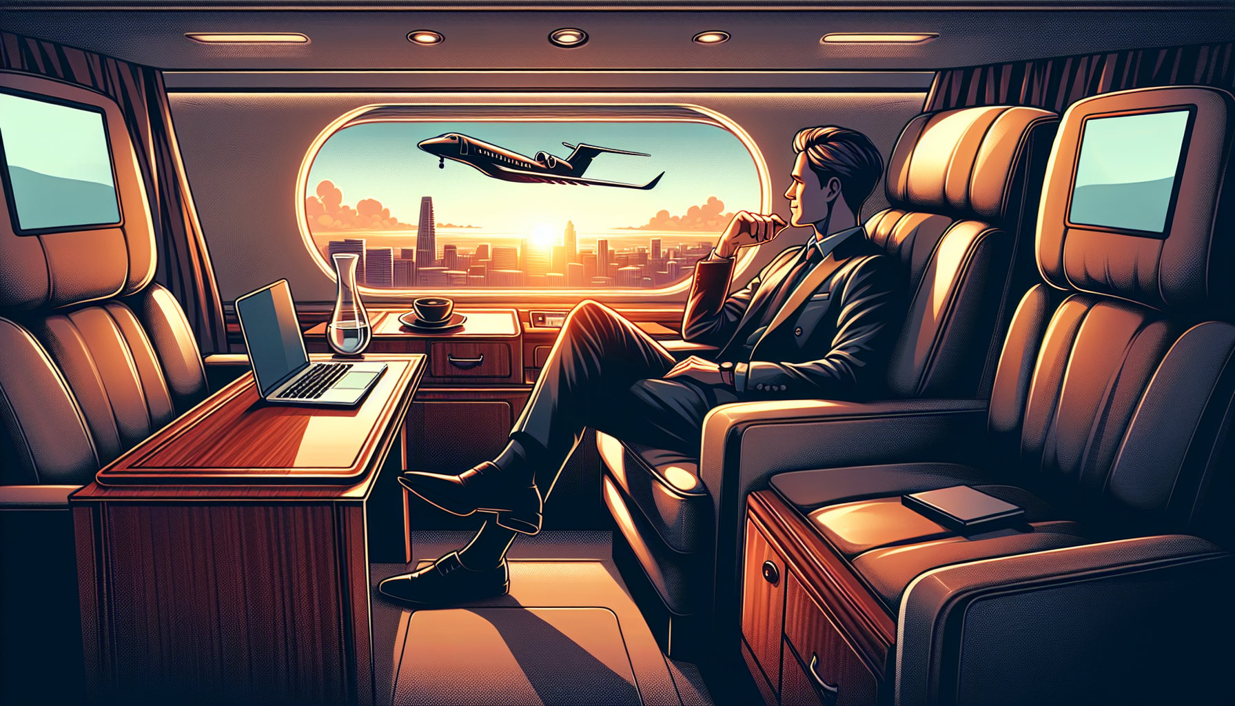 Illustration of a business traveler enjoying the privacy and comfort of a private jet cabin