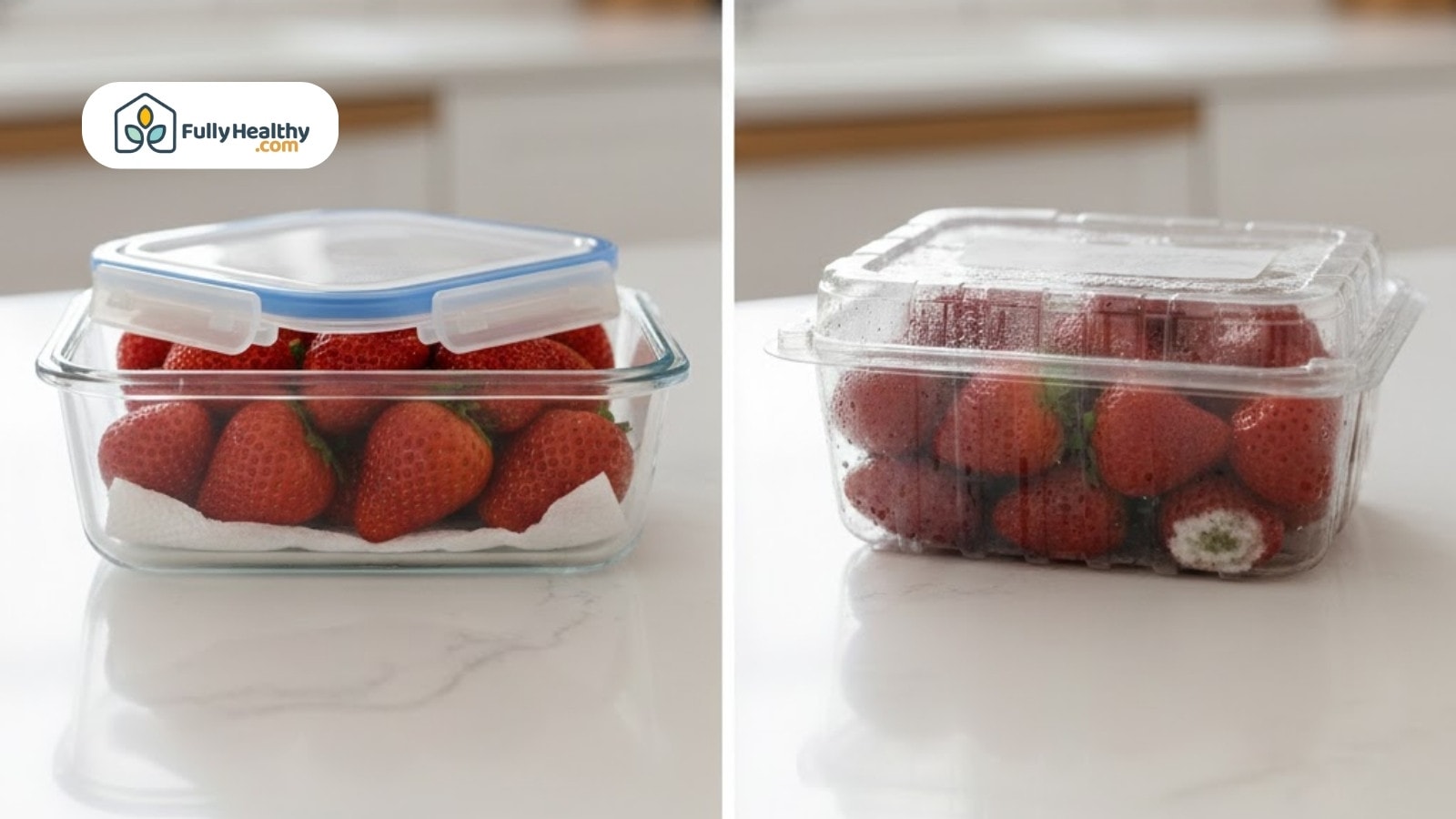 Comparison of fresh and moldy strawberries in different storage containers