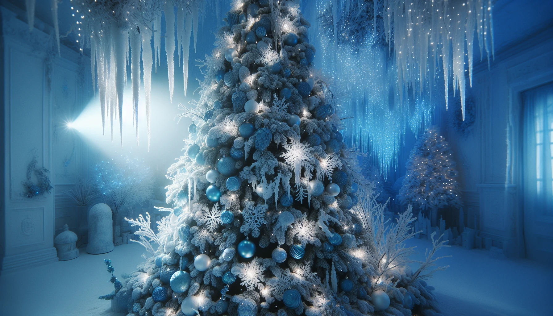 Transform your tree into a winter wonderland with snow-capped ornaments and frosty lighting choices