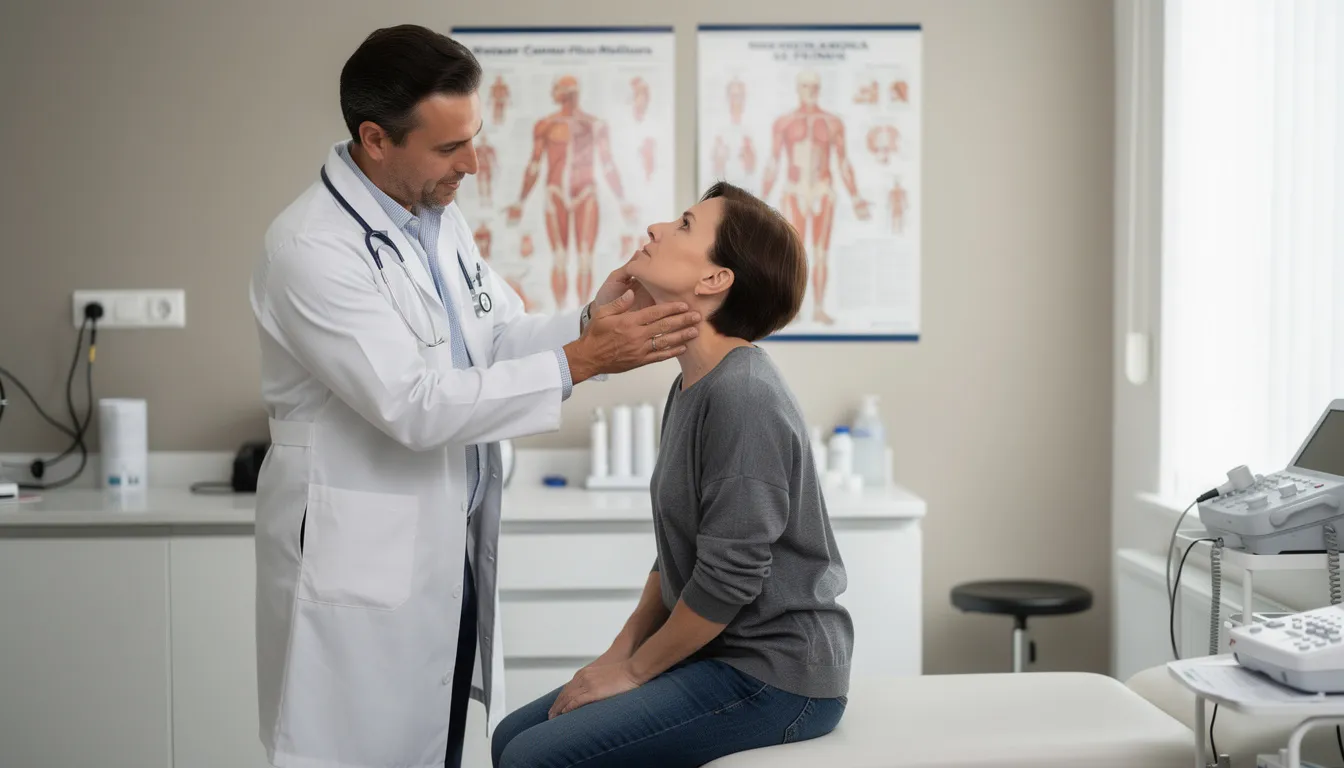 L'image montre un médecin examinant le cou d'un patient lors d'une consultation médicale, probablement pour évaluer la fonction de la glande thyroïde. Cette scène pourrait être liée à des symptômes d'hypothyroïdie, tels que la fatigue ou la prise de poids.