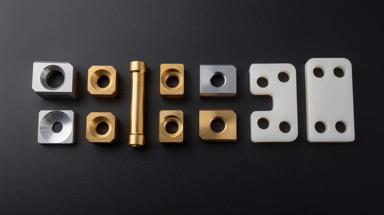 The image features an assortment of precision CNC machined parts made from silver aluminum, golden brass, and white plastic, all meticulously arranged on a dark surface. This collection showcases the high precision and complexity achievable through the CNC machining process, utilizing various machine tools to create components with tight tolerances and intricate designs.