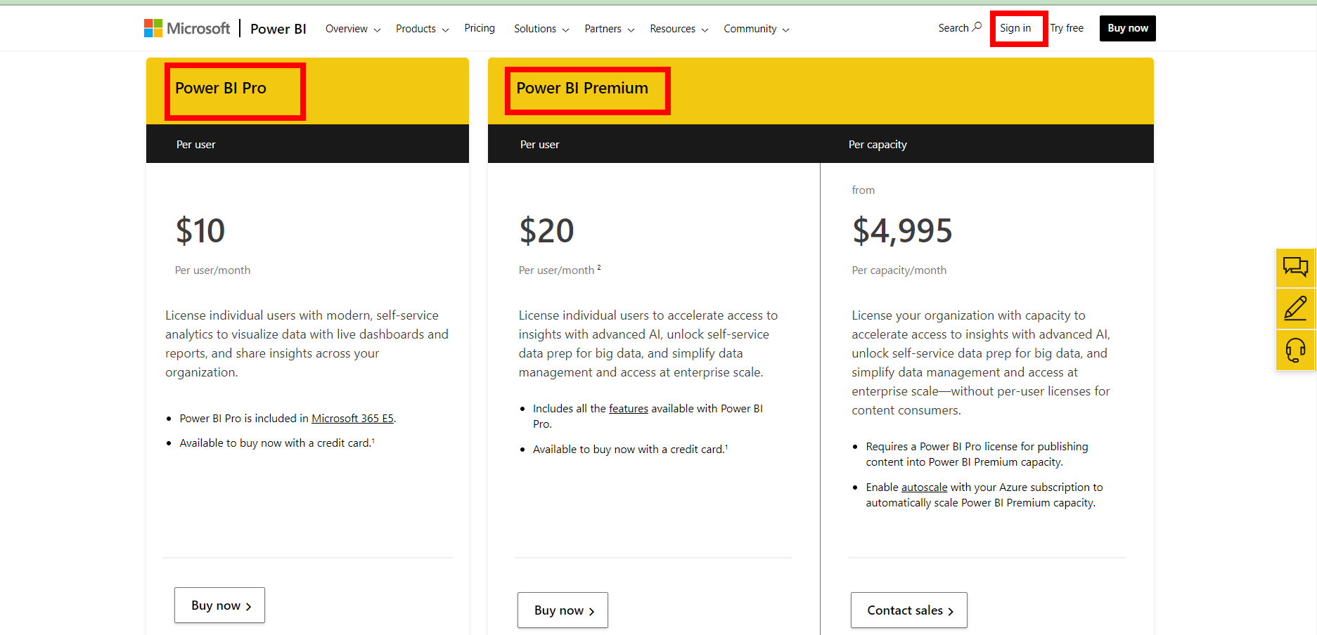 Different sign-in options available for Power BI