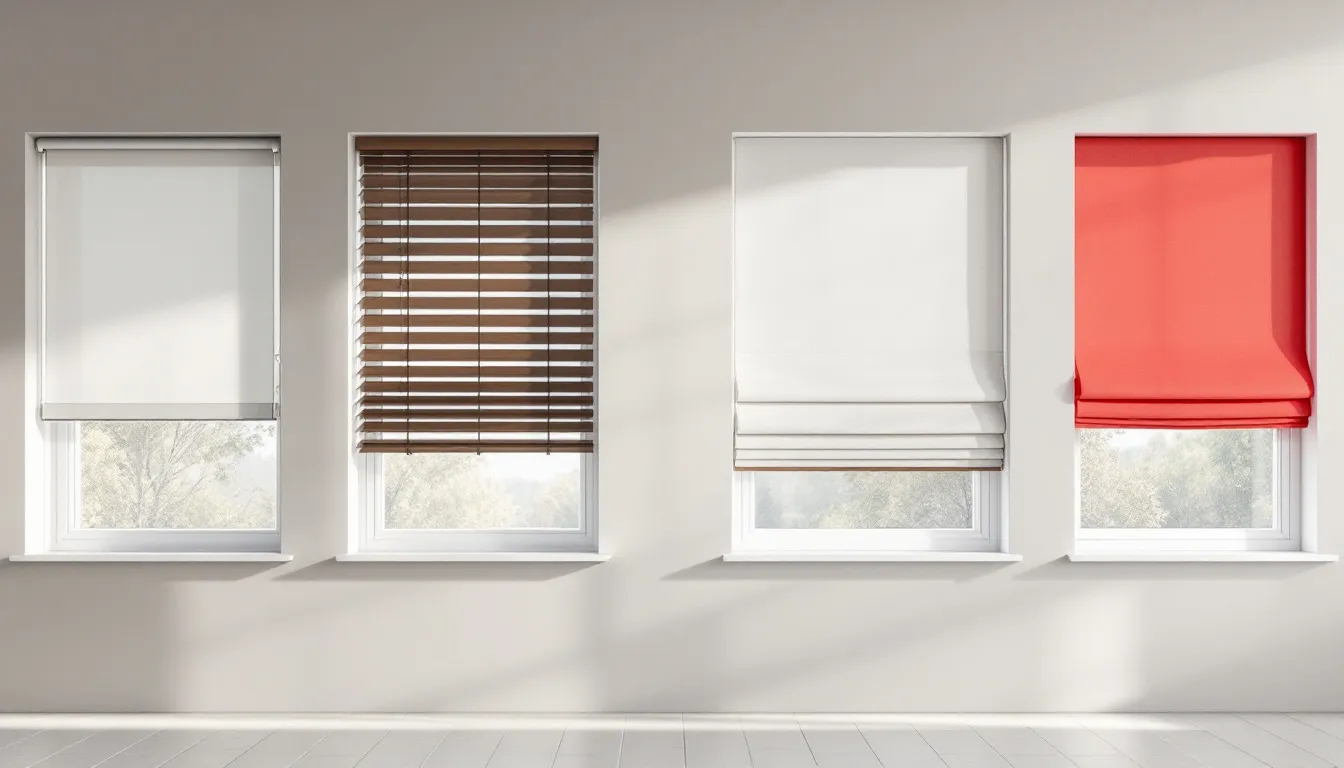 An illustration of various blackout window shades in different styles and colors.