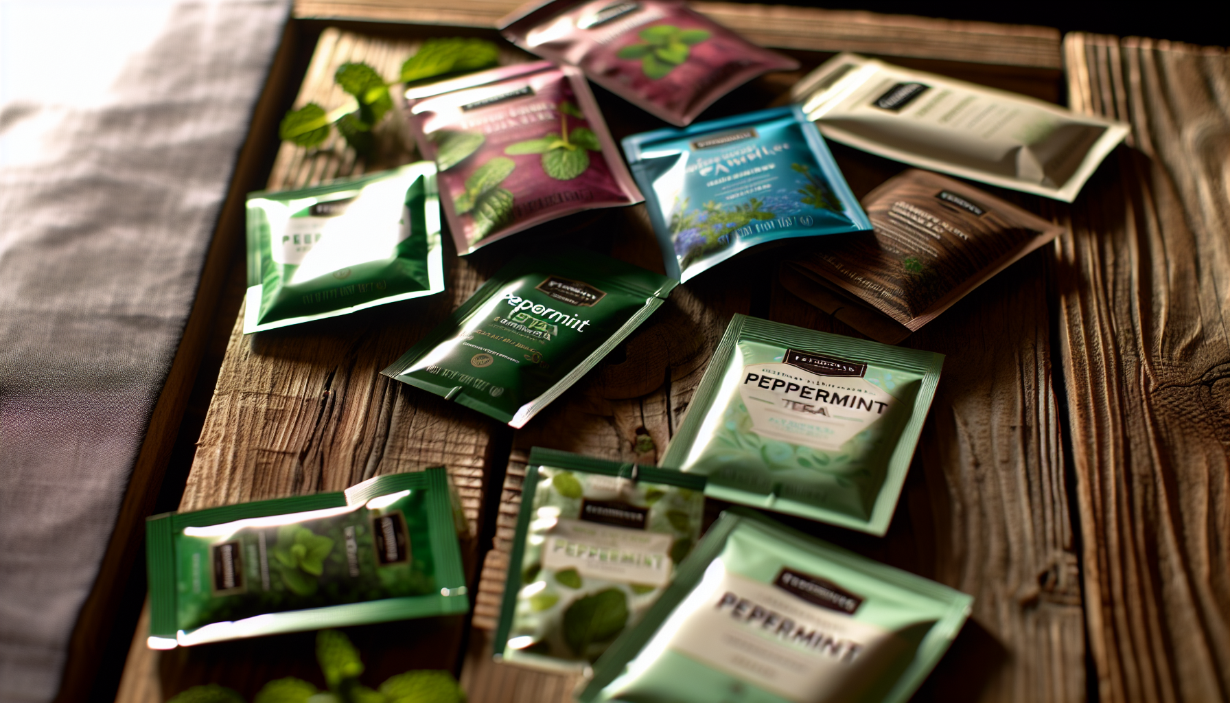 Variety of peppermint tea bags from top brands displayed on a wooden table