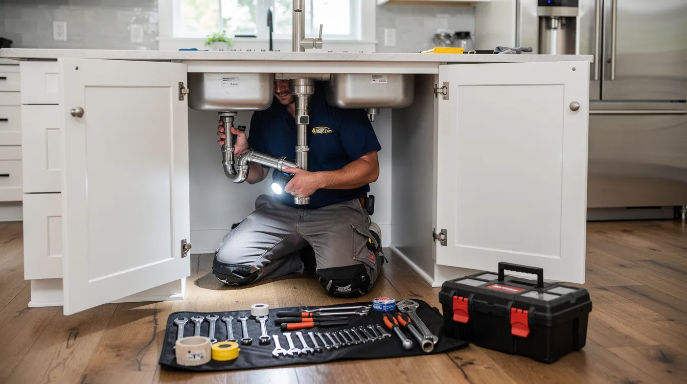 A professional plumber is working under a kitchen sink, equipped with tools and a flashlight, in a bright residential home, showcasing the plumbing services offered by a reliable plumbing company. The scene emphasizes the plumber's dedication to maintenance and repairs, ensuring quality support for homeowners.
