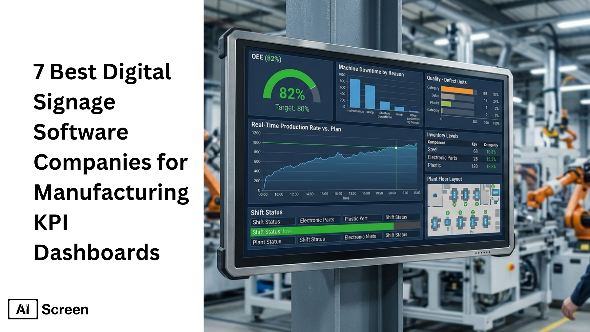 7 Best Digital Signage Software Companies for Manufacturing KPI Dashboards 1 manufacturing kpi dashboards shown on digital screens in a modern production facility
