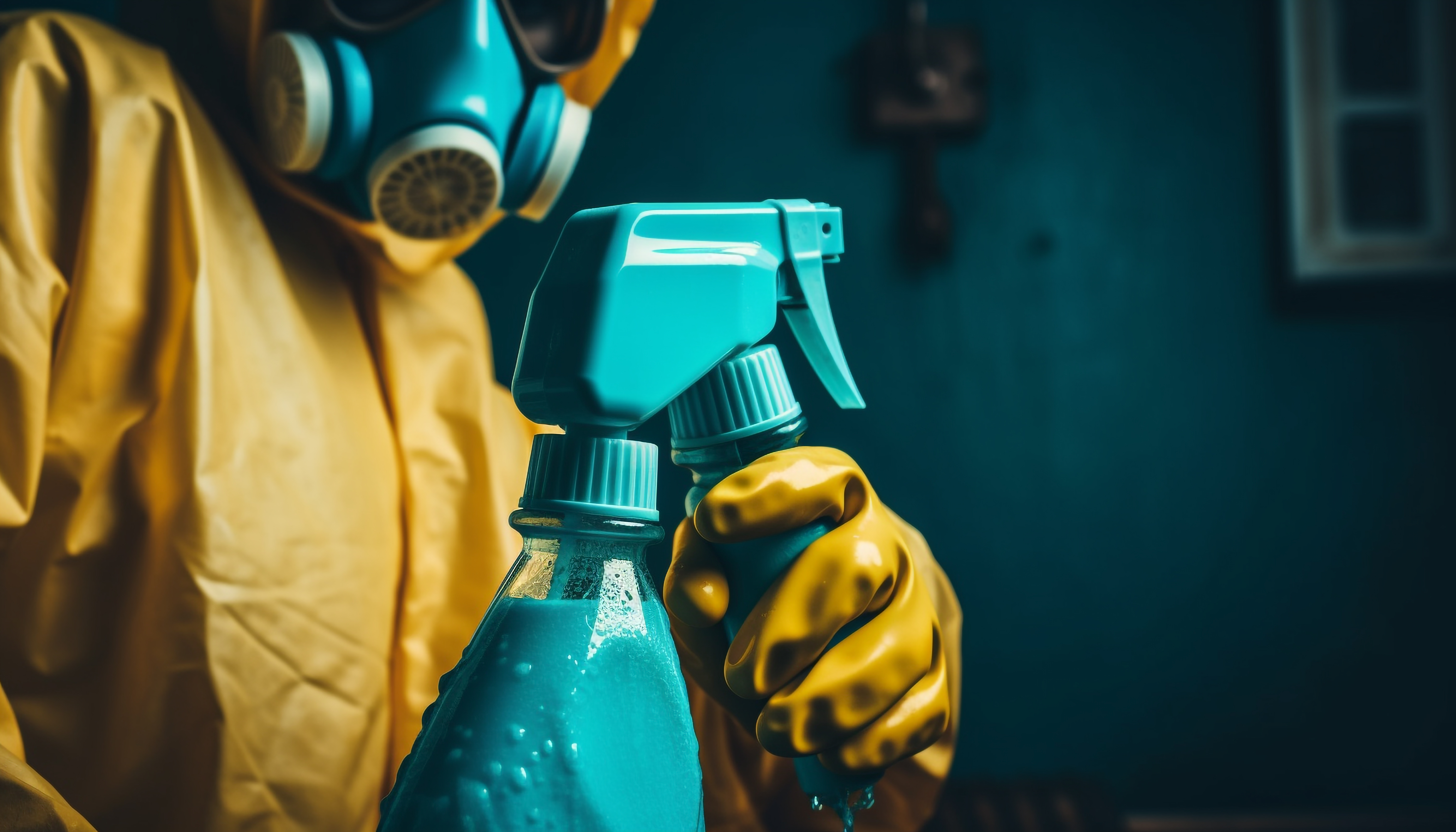person in PPE, holding a bottle of cleaning solution