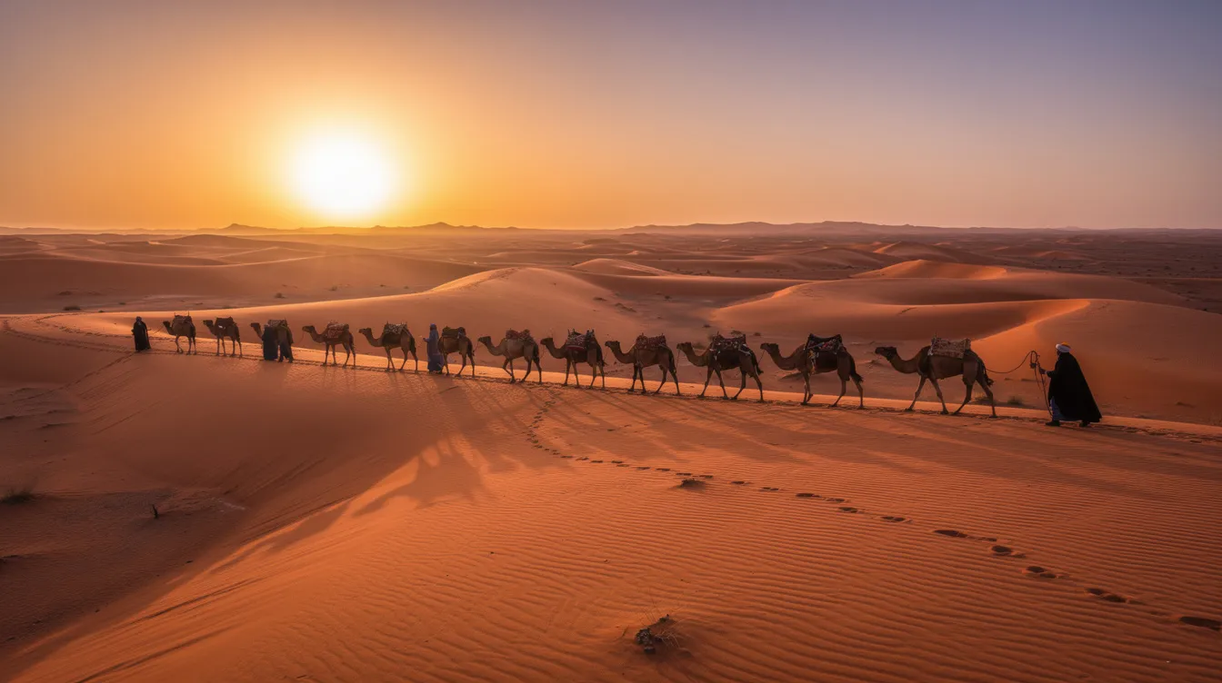 A camel caravan traverses the stunning orange dunes of the Sahara Desert at sunset, creating a picturesque scene that highlights Morocco's nomadic culture and the beauty of its desert landscapes. The warm hues of the setting sun cast a magical glow over the dunes, inviting visitors to explore this remarkable region in early March, when the weather is typically mild and pleasant.