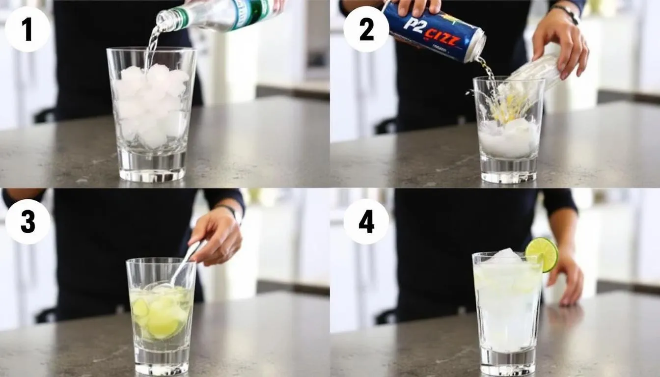 En steg-för-steg bild visar hur man blandar en P2 drink, där ingredienser som sourz apple, vaniljvodka och limejuice blandas i ett glas med is, och fylls på med 7 Up för att skapa en smakrik och uppfriskande drink. Detaljer som att garnera med lime och röra om för att blanda smakerna framhävs i processen.