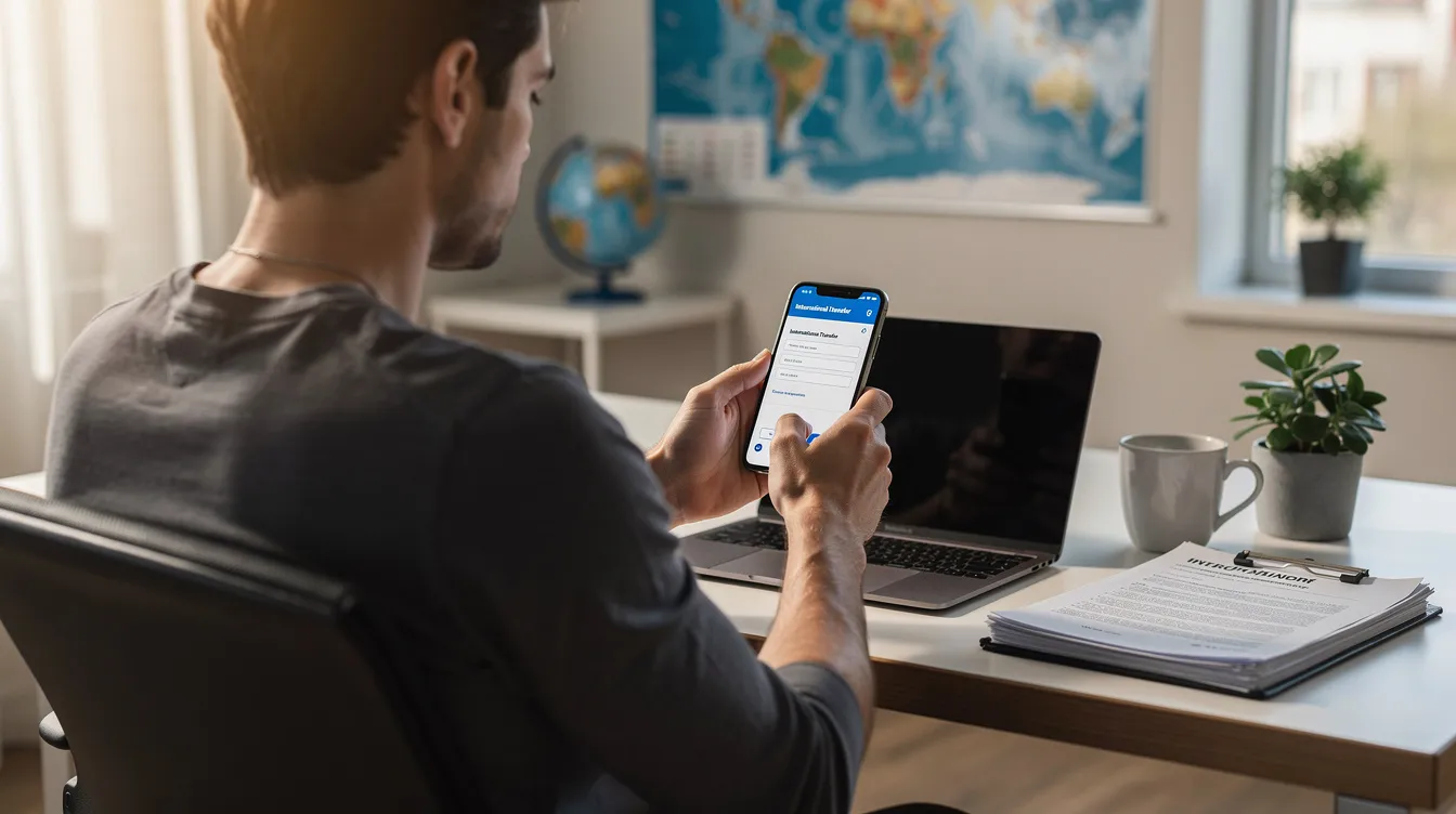 A person is sitting at a desk, focused on their smartphone as they initiate an international money transfer, showcasing the ease of digital banking services. This image highlights the role of khushhali bank in providing sustainable financial services to low-income individuals and poor households.