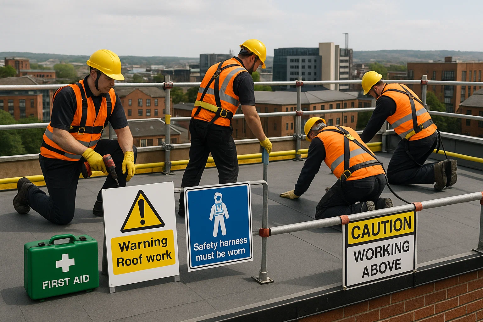 Roofing team in Leeds using safety gear and public liability compliance