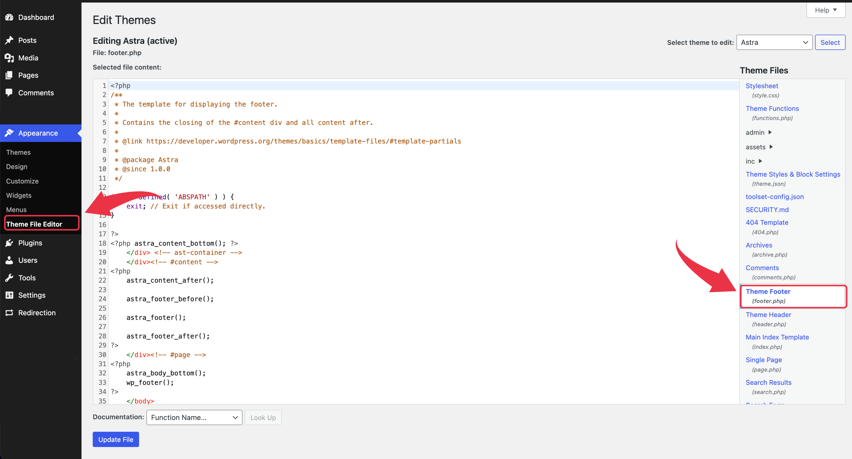 Editing the Footer.php File
