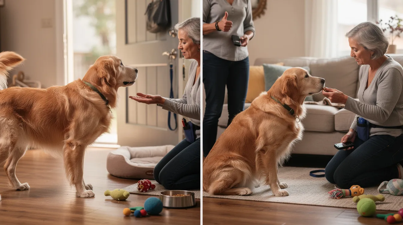 The image depicts a senior dog sitting comfortably in a cozy living room, showcasing changes in behavior as it ages. The dog's relaxed posture and gentle gaze reflect the common behavioral changes and challenges that pet owners may encounter with aging dogs, highlighting the importance of understanding their cognitive function and emotional needs.