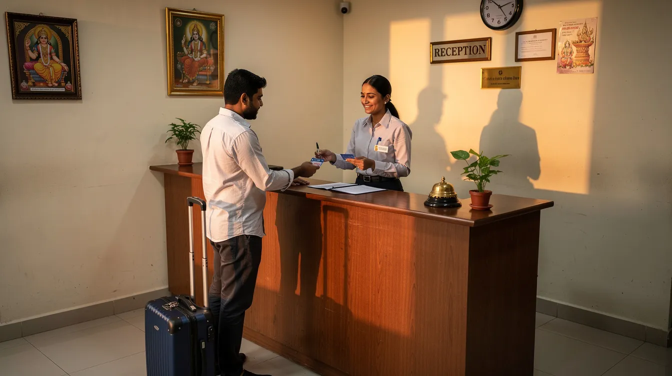 a09da6bf 5dda 4218 938e 99b6db0543f9 The image depicts a small hotel reception desk in India, where a friendly staff member assists a guest during the check-in process. This scene reflects the hospitality industry and the importance of guest satisfaction in hotel projects, highlighting the dynamics of market demand in the hotel feasibility study.