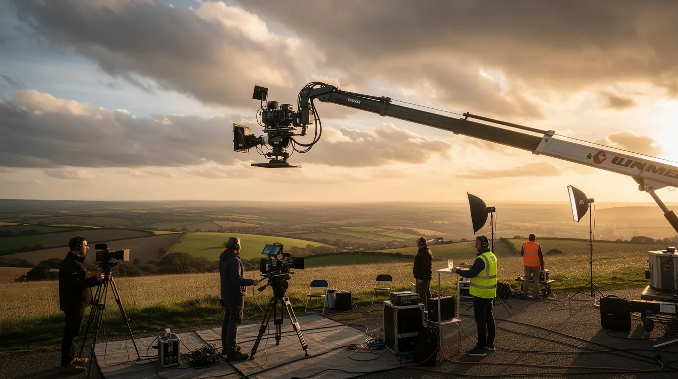 Eine Filmkamera ist auf einem Kran montiert und schwenkt über eine weite Landschaft, während eine Filmcrew am Boden sichtbar ist. Im Hintergrund zieht ein dramatischer Himmel auf, der die Szene in ein spannendes Licht taucht.