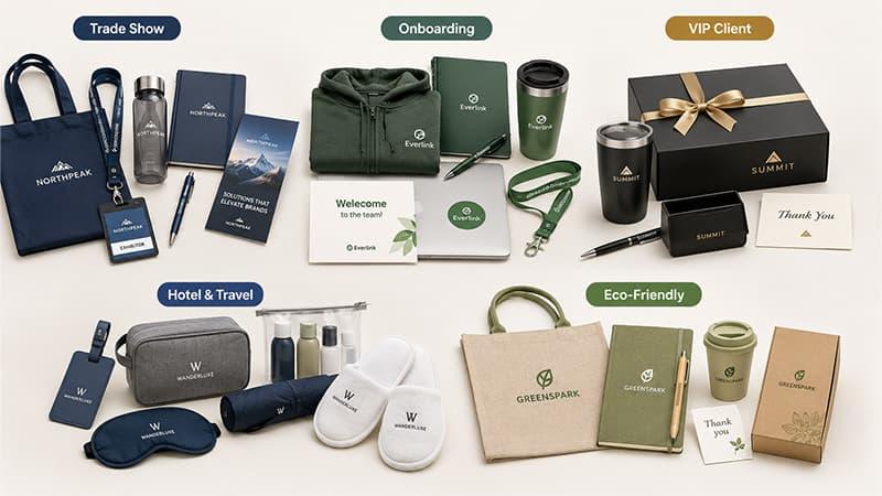 Promotional product kits for trade shows, onboarding, VIP clients, hotel travel gifts, and eco-friendly campaigns.