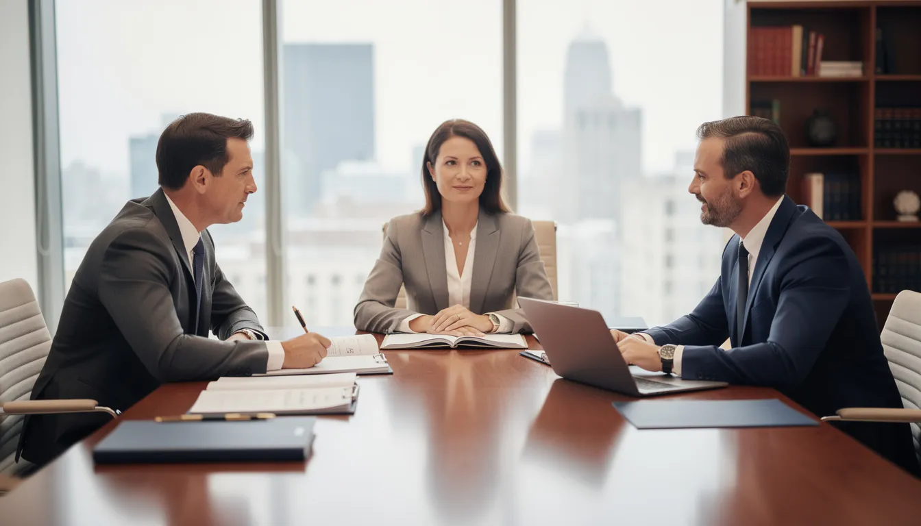 In an office setting, two attorneys are engaged in a discussion with a client regarding a car accident lawsuit. The scene reflects a professional atmosphere where they are likely addressing the legal process, potential car accident claims, and the pursuit of fair compensation for the client's injuries and losses.