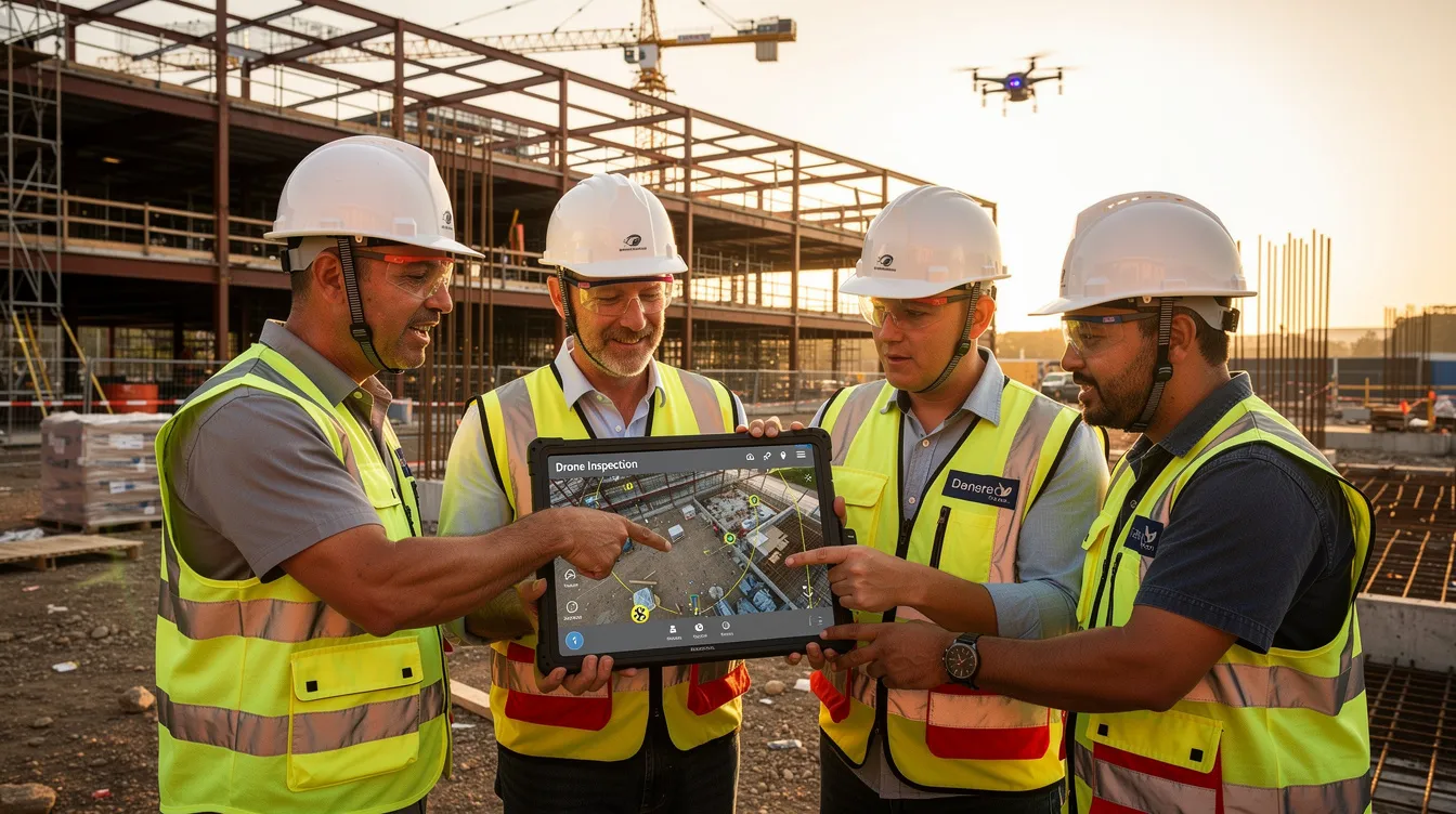 A construction team is gathered at a commercial jobsite, reviewing high-resolution drone inspection imagery on a tablet. The drone roof inspection software displays detailed visuals, helping them assess potential roof defects and structural weaknesses efficiently.