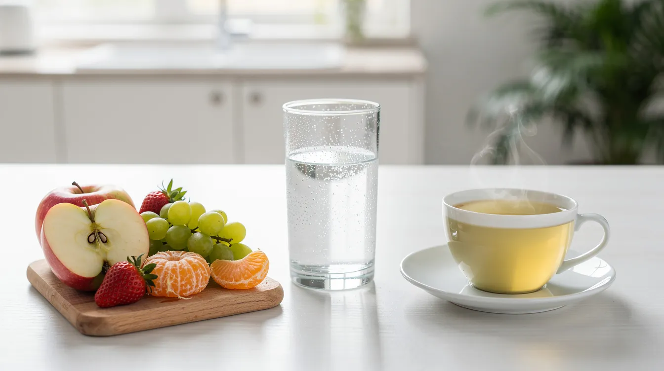 Auf einem hellen Küchentisch sind frisches Obst, ein Glas Wasser und eine Tasse grüner Tee ansprechend arrangiert. Diese gesunden Getränke und Snacks bieten eine natürliche Alternative zu Energy Drinks und unterstützen den Körper auf erfrischende Weise.