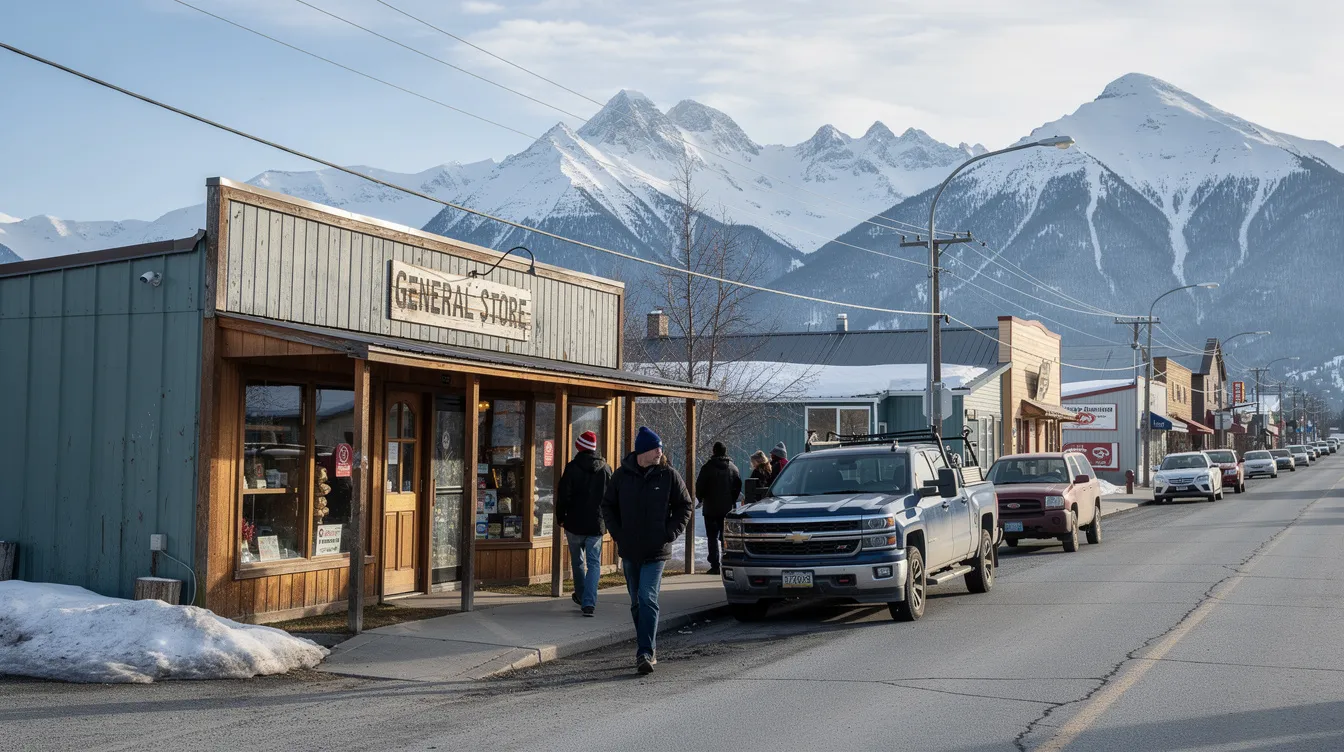 The image depicts a small retail storefront situated on a street in an Alaskan town, with majestic mountains in the background. The scene reflects the local atmosphere where cannabis businesses may offer hemp-derived products, including delta 8 THC items, in accordance with Alaska state law.